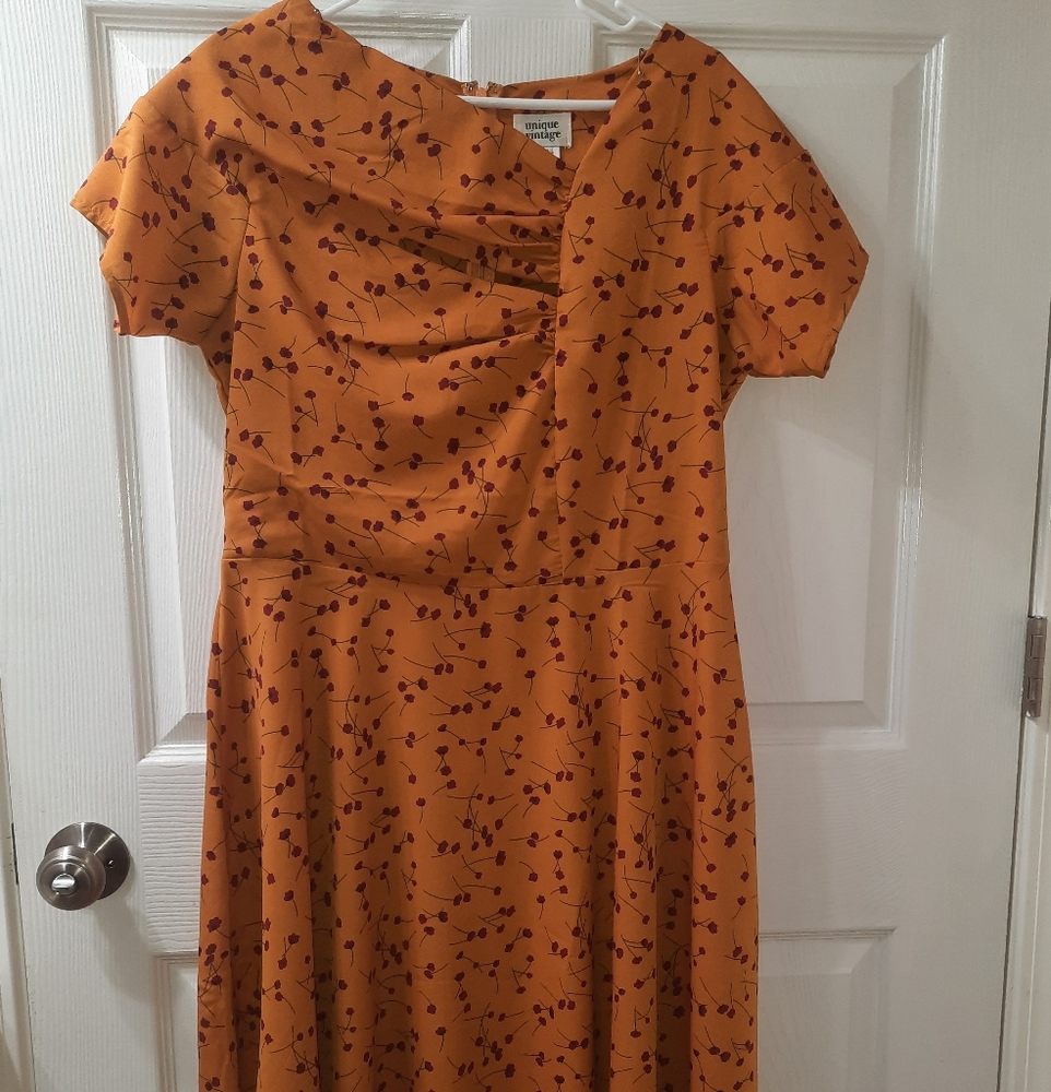 Unique Vintage mustard/gold w/red flowers dress